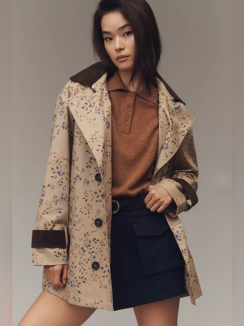 Anthropologie  Avec Les Filles Floral Trench Coat L Beige Brown Double Breasted